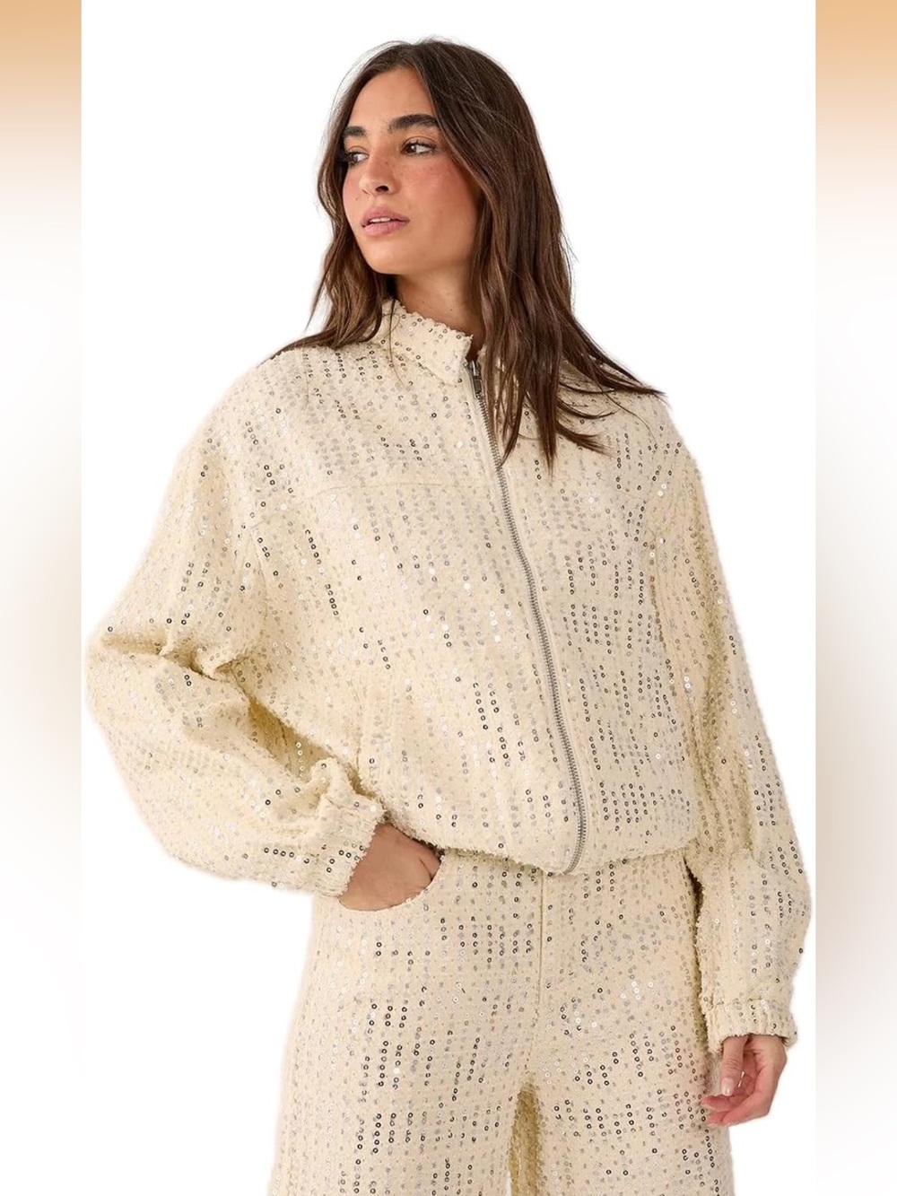 Nasty Gal Cream Sequin Zip Bomber Jacket nwt size 6